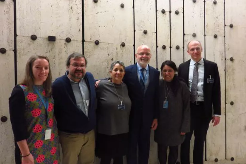 The UN Special Rapporteur on the situation of human rights defenders, Michel Forst, with Isela González (ASMAC) and representatives of the CMDPDH, the Open Society Justice Initiative, the Fray Juan de Larios Diocesan Center for Human Rights and PBI. @PBI